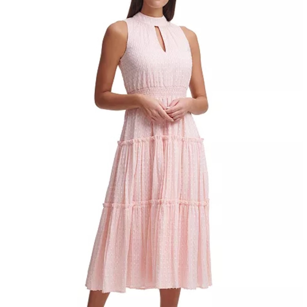 Tommy Hilfiger (size 12) pink tiered mock neck keyhole midi sleeveless dress